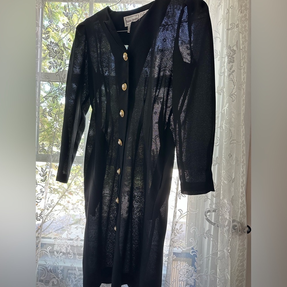 Vintage 80s 90s Karin Stevens Dress Pearl Button Black Sheer Midi Rockabilly Sm - Picture 14 of 15